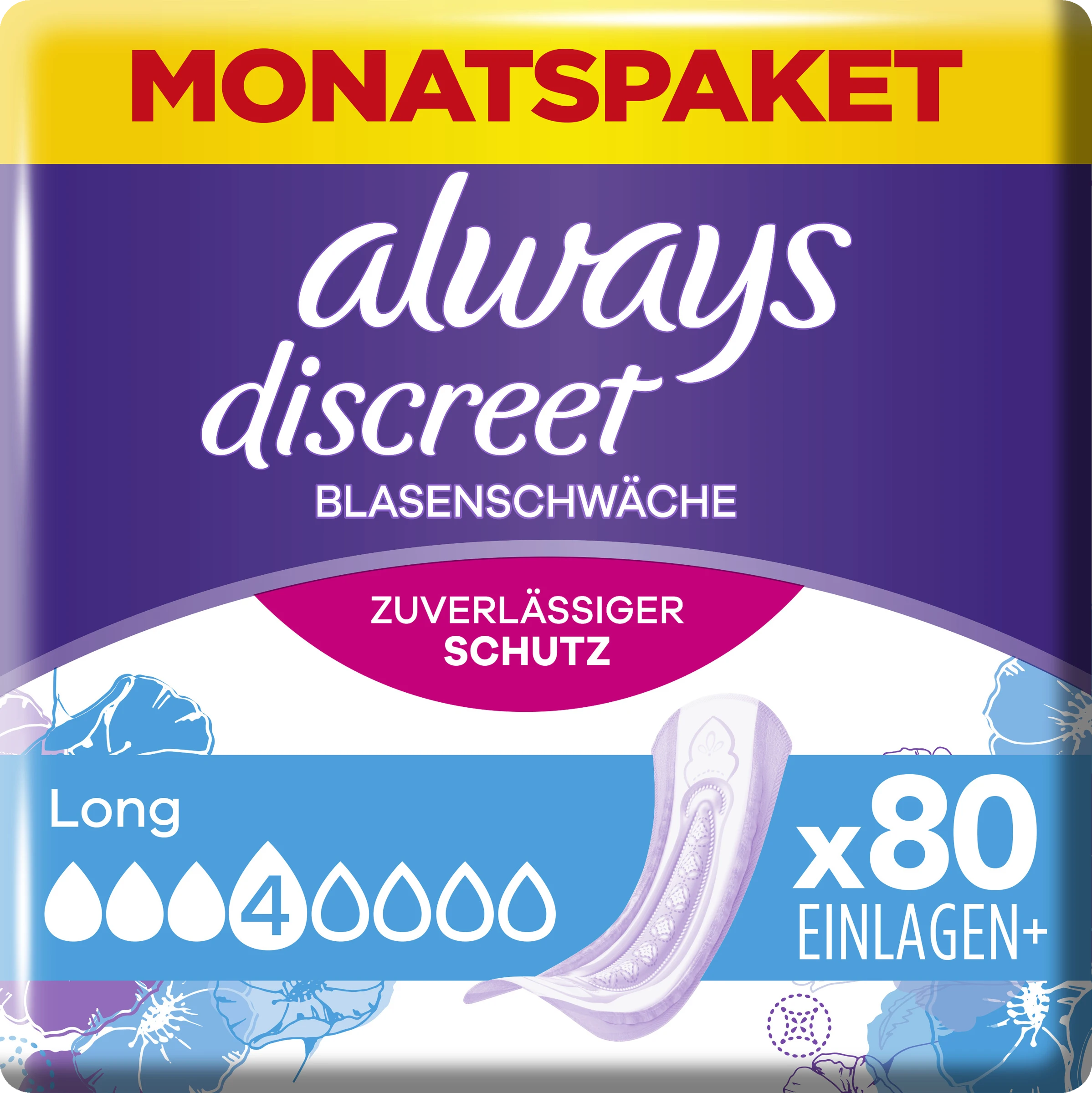 Always® Monatspaket Discreet Inkontinenz-Einlagen Long 3 Always® Monatspaket Discreet Inkontinenz-Einlagen Long