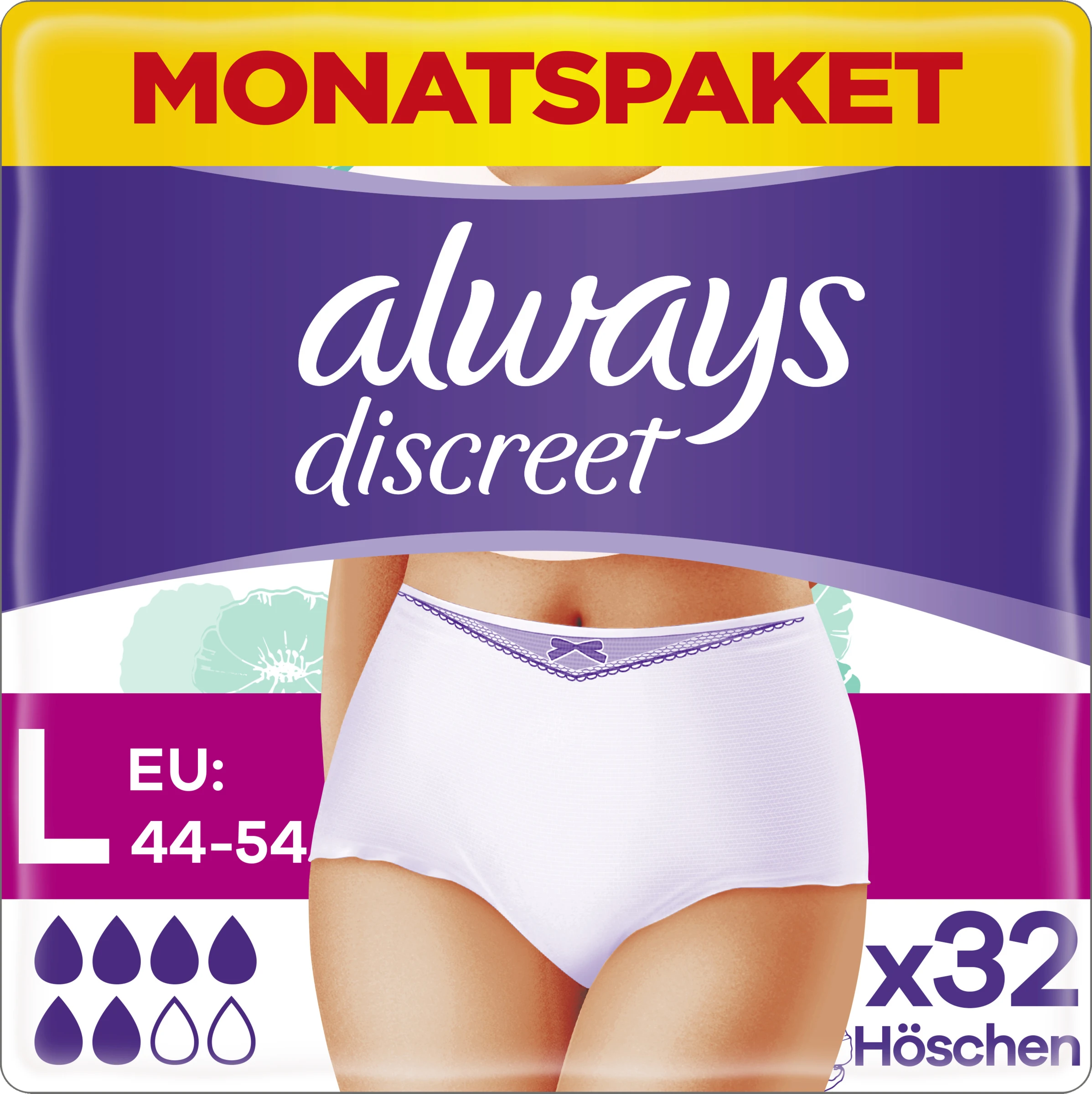 Always® Monatspaket Discreet Inkontinenz Höschen Plus Gr. L 3 Always® Monatspaket Discreet Inkontinenz Höschen Plus Gr. L