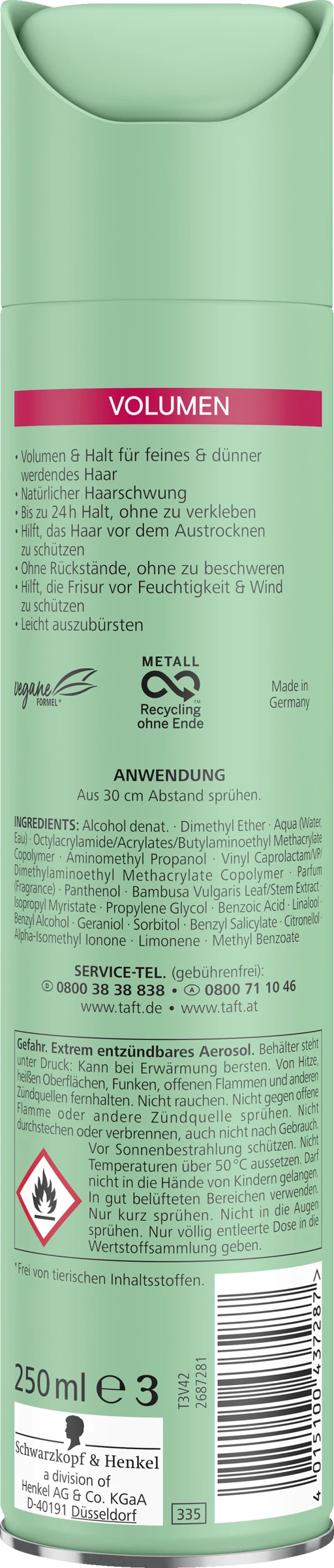 Schwarzkopf Taft Haarspray Volumen Haltegrad 5 - Sehr Starker Halt 4 Schwarzkopf Taft Haarspray Volumen Haltegrad 5 - Sehr Starker Halt – Bild 2