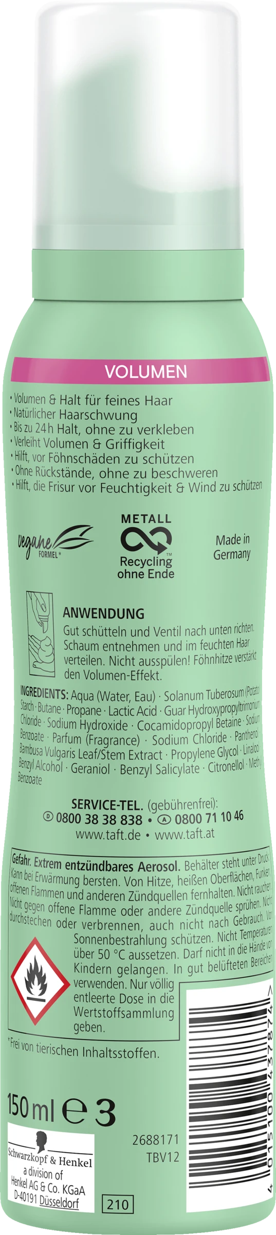 Schwarzkopf Taft Schaumfestiger Volumen Haltegrad 4 - Starker Halt 4 Schwarzkopf Taft Schaumfestiger Volumen Haltegrad 4 - Starker Halt – Bild 2