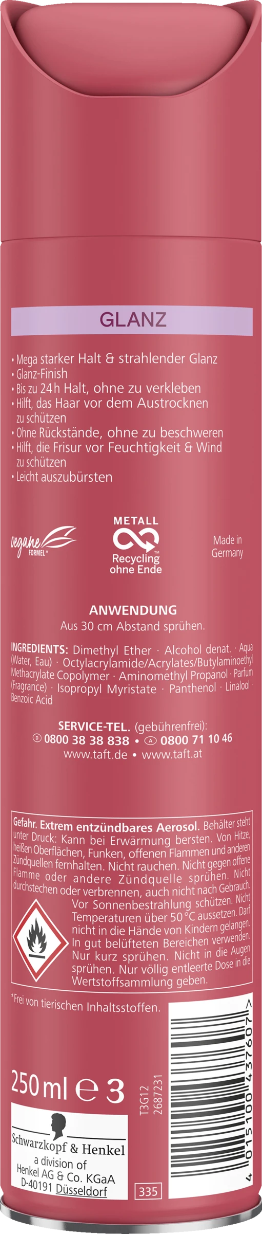 Schwarzkopf Taft Haarlack Glanz Haltegrad 5 - Sehr Starker Halt 4 Schwarzkopf Taft Haarlack Glanz Haltegrad 5 - Sehr Starker Halt – Bild 2