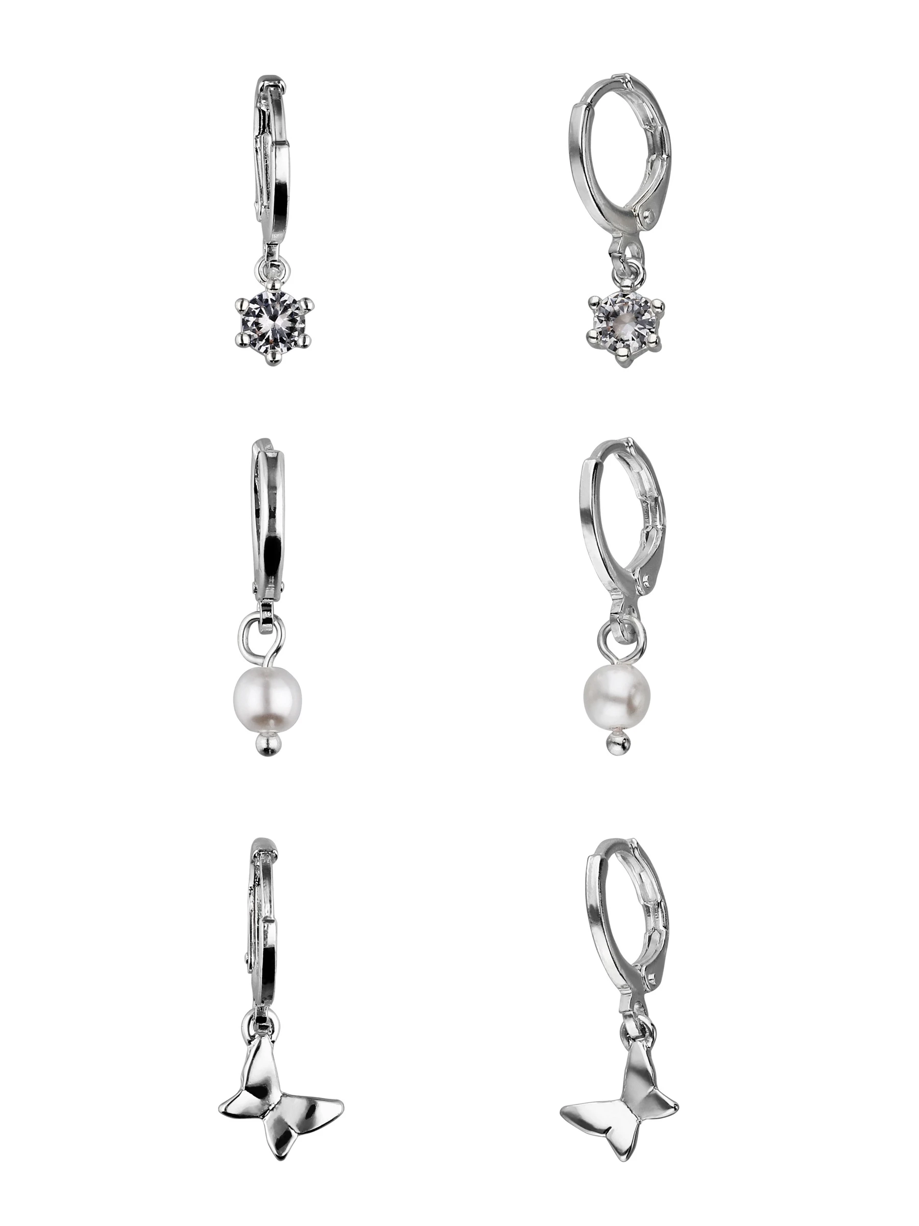 Accessories Huggie-Creolen-Set Mit Schmetterling, Zirkonia-Stein Und Zierperle 3 Accessories Huggie-Creolen-Set Mit Schmetterling, Zirkonia-Stein Und Zierperle