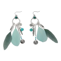 Accessories Statement-Ohrring Im Boho Chic-Look, Tükis, Silberfarben, Federn, Metallperlen, Glasperlen