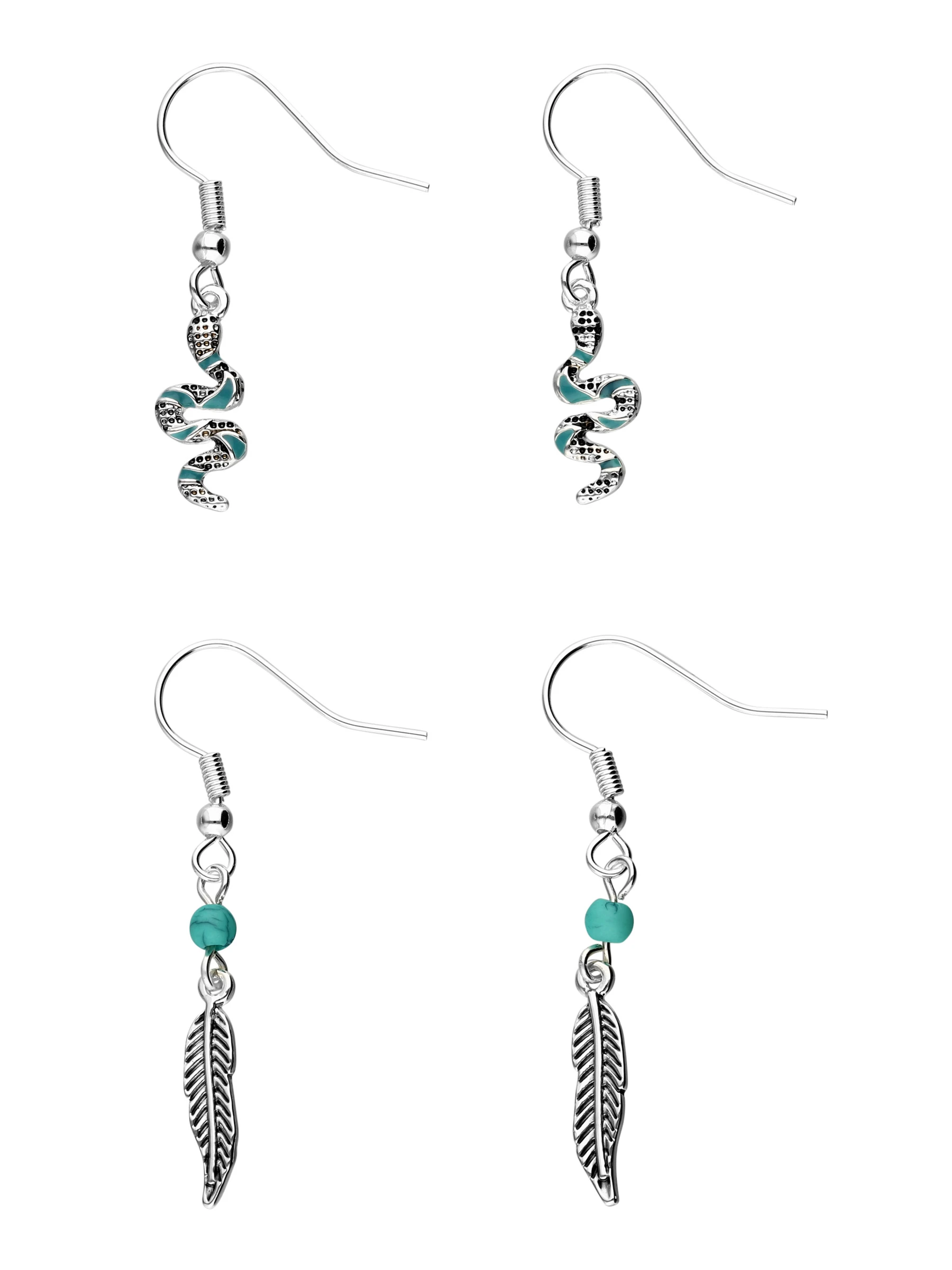 Accessories Silberfarbenes Ohrhänger-Set Im Boho Chic-Look, Feder-Motiv, Schlangen-Motiv 3 Accessories Silberfarbenes Ohrhänger-Set Im Boho Chic-Look, Feder-Motiv, Schlangen-Motiv